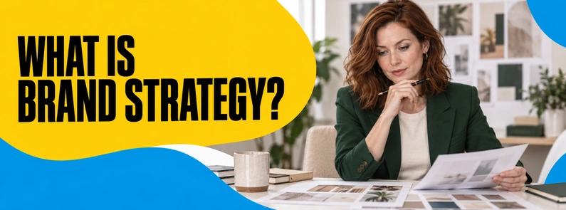 Vivian Hart reviews brand-planning materials at a desk for BluCactus content explaining what brand strategy is and how it guides business direction.
