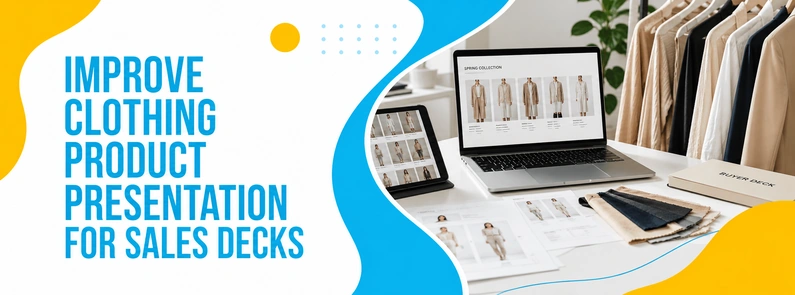 Fashion workspace with clothing racks, product sheets, fabric swatches, and digital sales deck layouts for apparel presentation.