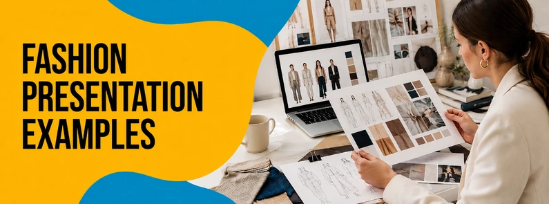 Fashion professional reviewing lookbook pages, deck layouts, sketches, and fabric swatches for a fashion presentation.