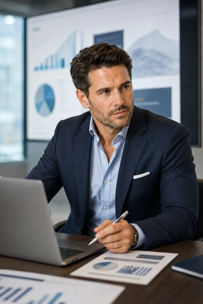 BluCactus presentation design expert Michael Bennett reviews an executive deck with charts and a laptop.