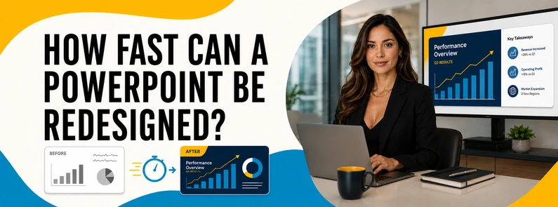 Natalie Rivera working on a fast PowerPoint redesign with before-and-after presentation slides and a timing icon.