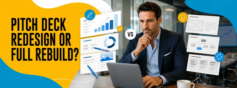 Pitch Deck Redesign or Full Rebuild Michael Bennett reviews two pitch deck options, comparing a slide redesign with a complete rebuild before an investor meeting.