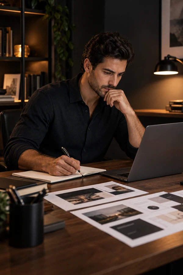 Independent presentation freelancer working alone on a professional PowerPoint presentation project.